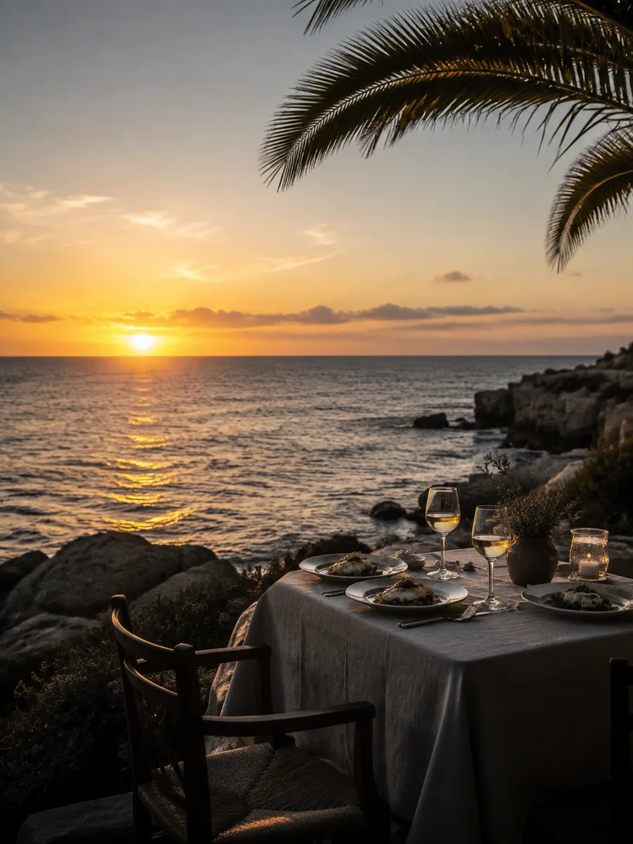 A table for two beside the sea at sunset